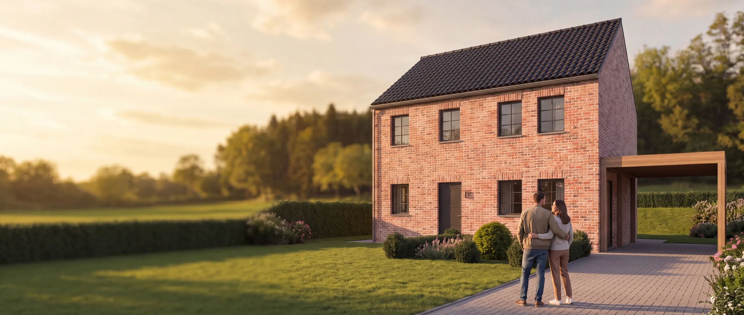 Un couple enlacé devant sa maison TopConstruct en brique, au coucher du soleil, avec la prairie voisine
